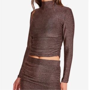BB Dakota Side Hustle Ruched Glitter Mock Neck Top Rose Gold Size M